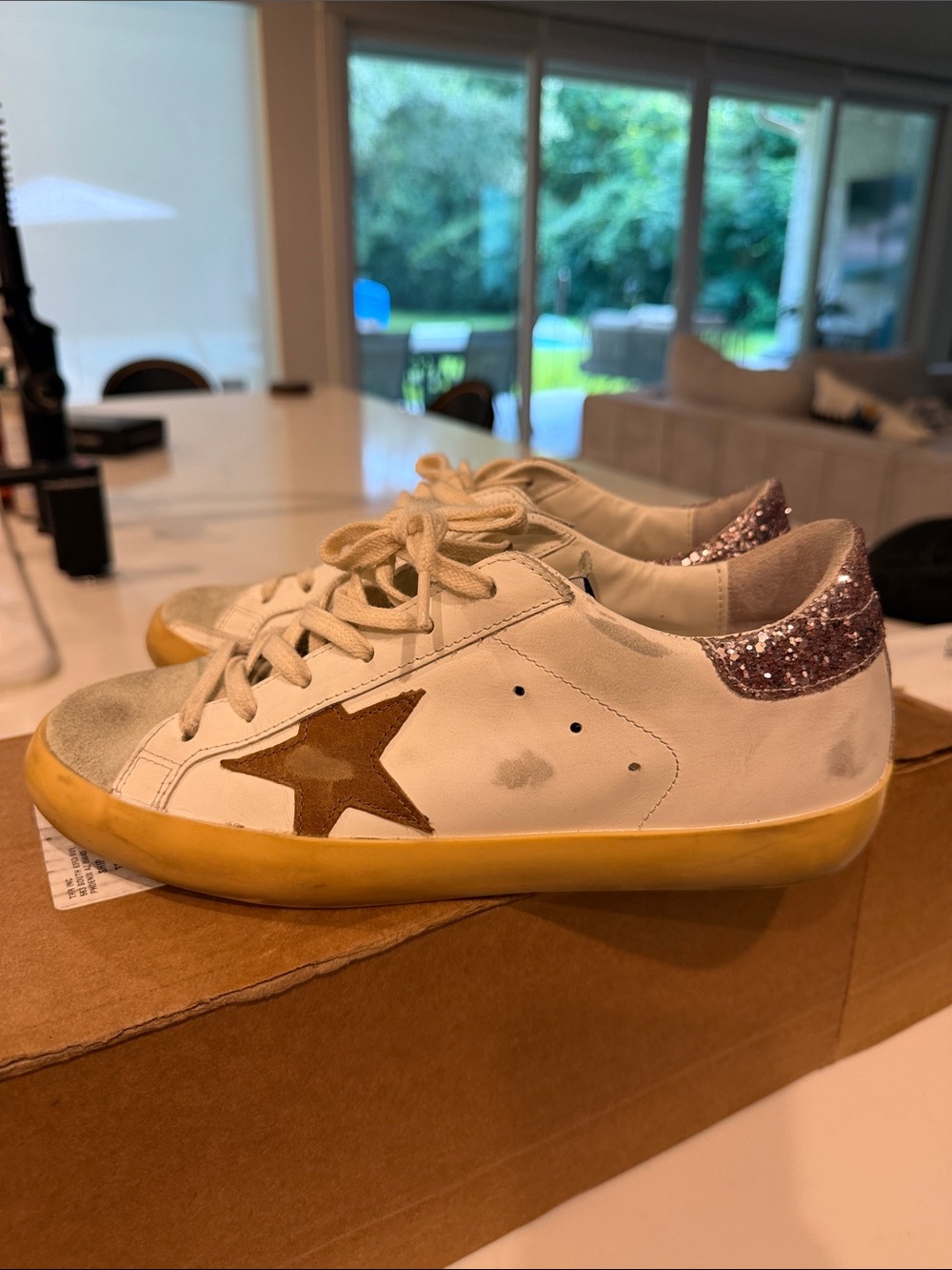 Golden Goose White Sneakers with Gold Star and Pink Glitter Heel Tab